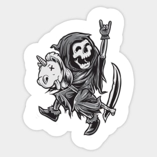 Reaper on a Toy Unicorn Funny Halloween T Shirts & Gifts Sticker